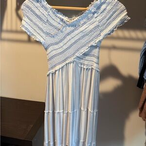 Jessica Simpson Off The Shoulder White and Blue Striped Dress